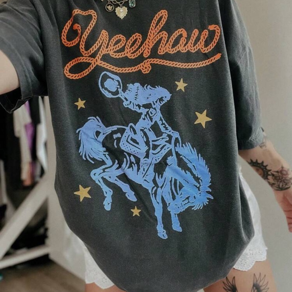 SHEIN Charcoal Tee with Blue Rodeo Design